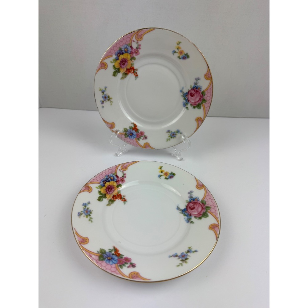 Vintage Epiag Czechoslovakia Porcelain Saucers Set of 2 Floral Pink Gold Trim